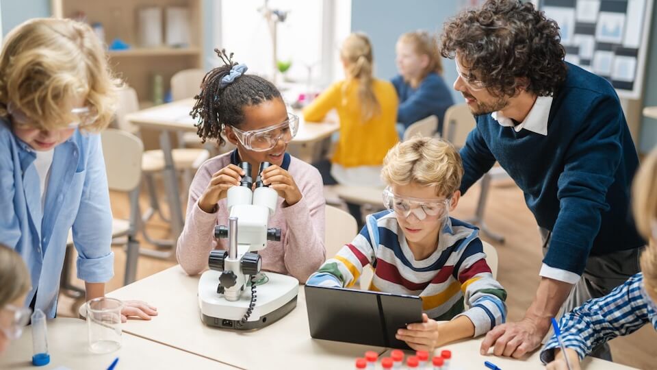 students interacting in science lab
